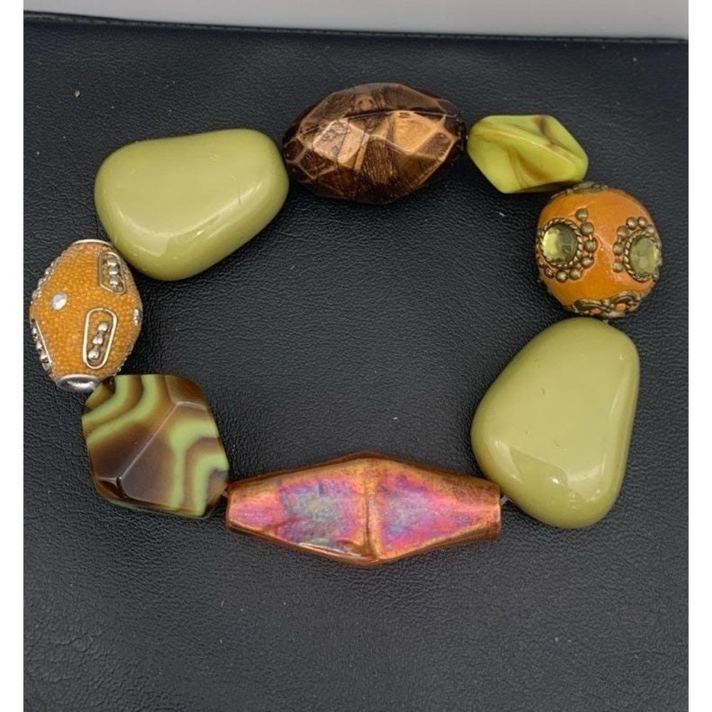 Chunky Beautiful Warm Colors Acrylic And Glass Stretch Bangle Bracelet Unique